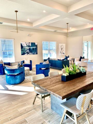 Tarpon Springs apartment for rent - A modern living room with a wooden table and blue chairs.