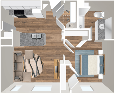 Floor plan for 1 bed, 1 bath, 651 sqft