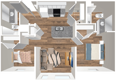 Floor plan for 2 beds, 2 baths, 850 sqft