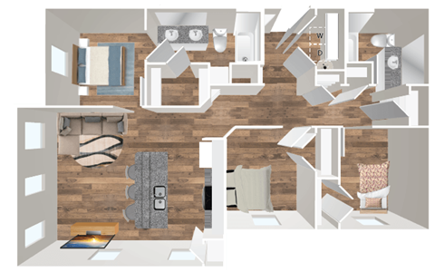 Floor plan for 3 beds, 2 baths, 1100 sqft