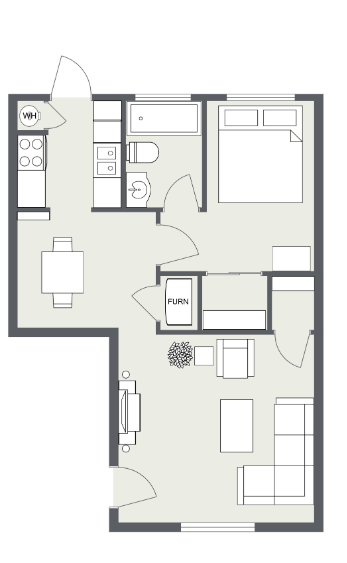 Floor plan for 1 bed, 1 bath, 659 sqft