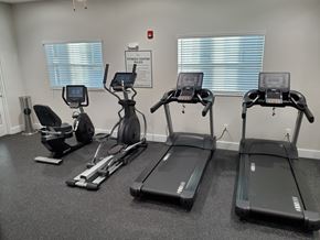 Bradenton apartment for rent - A fitness center with treadmills, elliptical machines, and a stationary bike.