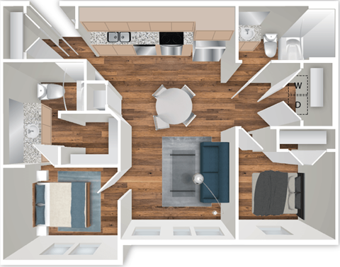 Floor plan for 2 beds, 2 baths, 903 sqft