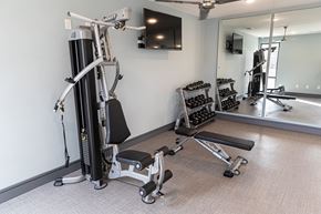 Ft. Worth apartment for rent - A gym with a weight machine, a bench, and a mirror.