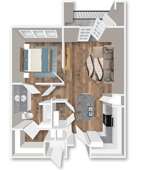 Floor plan for 1 bed, 1 bath, 727 sqft