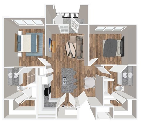 Floor plan for 2 beds, 2 baths, 1034 sqft
