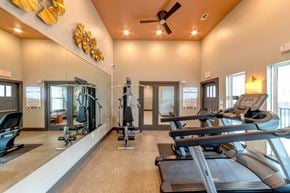 Fort Worth apartment for rent - A gym with treadmills, elliptical machines, and weights.