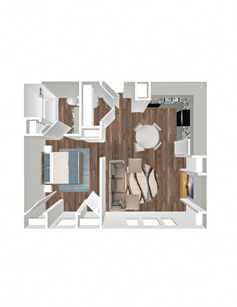 Floor plan for 1 bed, 1 bath, 653 sqft