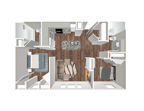 Floor plan for 2 beds, 2 baths, 851 sqft