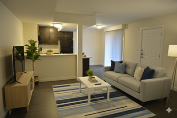 Denton apartment for rent - A living room with a white couch and a coffee table.