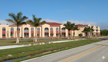 Punta Gorda apartment for rent - A row of buildings with red roofs and palm trees in front.