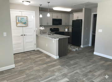 Tarpon Springs apartment for rent - A kitchen with a black refrigerator and a painting on the wall.