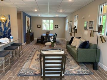 Venice apartment for rent - A living room with a green couch and a rug.