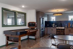 Austin apartment for rent - A pool table in a room with a fridge and a bar.