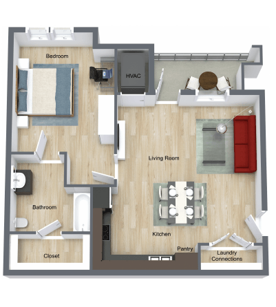 Floor plan for 1 bed, 1 bath, 767 sqft