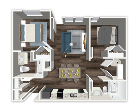 Floor plan for 2 beds, 2 baths, 895 sqft