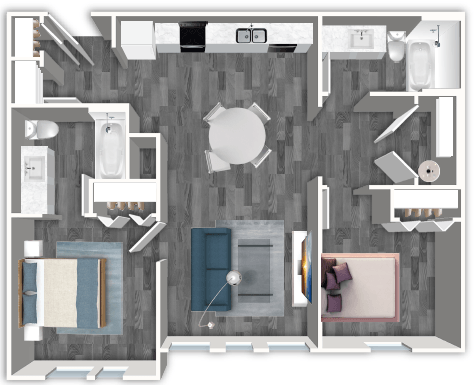 Floor plan for 2 beds, 2 baths, 873 sqft