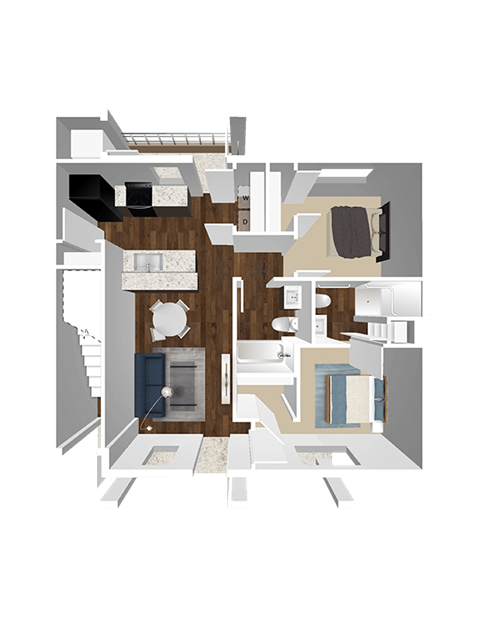 Floor plan for 2 beds, 2 baths, 1027 sqft