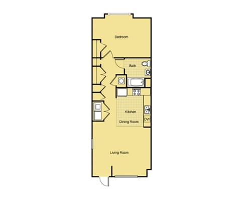 Floor plan for 1 bed, 1 bath, 724 sqft