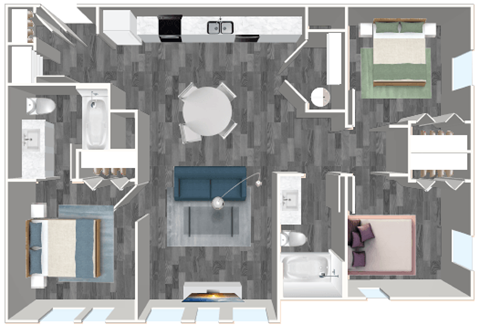 Floor plan for 3 beds, 2 baths, 1050 sqft