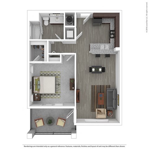 Floor plan for 1 bed, 1 bath, 718 sqft