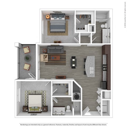 Floor plan for 2 beds, 2 baths, 1067 sqft