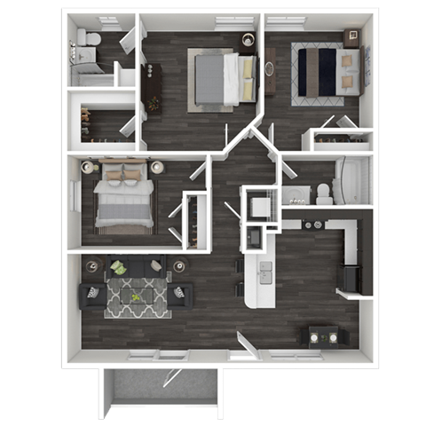Floor plan for 3 beds, 2 baths, 1047 sqft