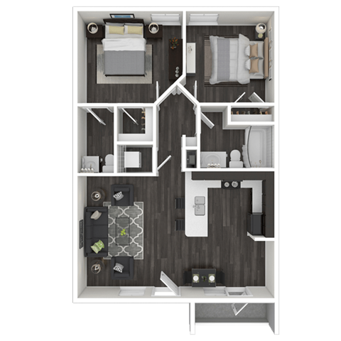 Floor plan for 2 beds, 1.5 baths, 842 sqft