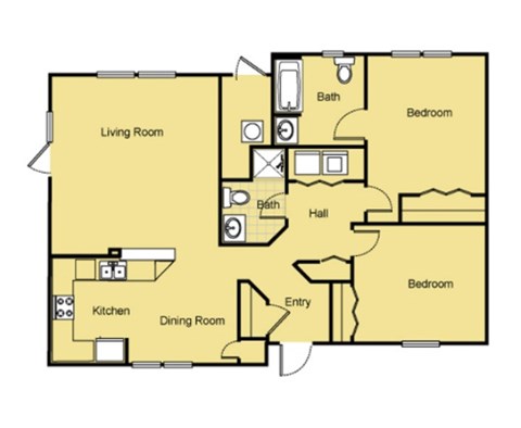 Floor plan for 2 beds, 2 baths, 1136 sqft