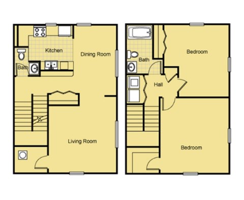 Floor plan for 2 beds, 1.5 baths, 1299 sqft