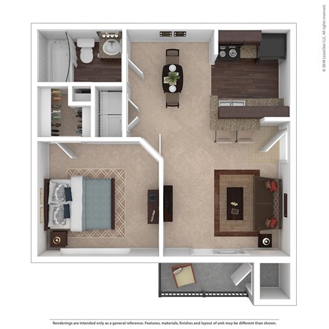 Floor plan for 1 bed, 1 bath, 556 sqft