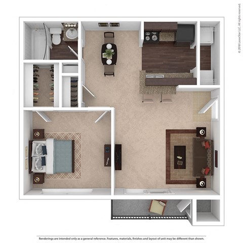 Floor plan for 1 bed, 1 bath, 584 sqft