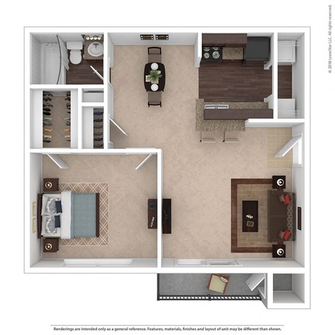 Floor plan for 1 bed, 1 bath, 587 sqft