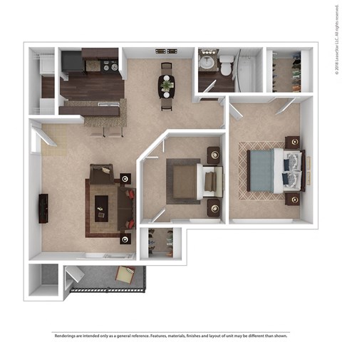 Floor plan for 2 beds, 1 bath, 764 sqft