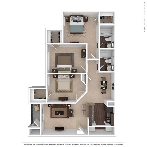 Floor plan for 3 beds, 2 baths, 1056 sqft