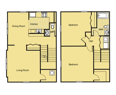 Floor plan for 2 beds, 1.5 baths, 1306 sqft