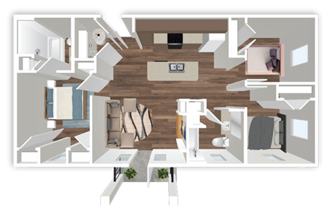 Floor plan for 3 beds, 2 baths, 1050 sqft