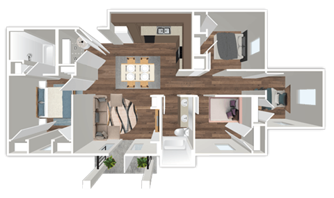 Floor plan for 4 beds, 2 baths, 1290 sqft