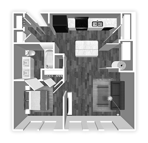 Floor plan for 1 bed, 1 bath, 684 sqft