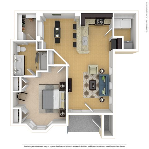 Floor plan for 1 bed, 1 bath, 888 sqft