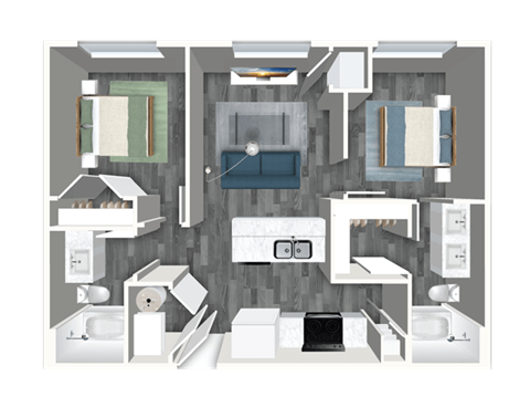 Floor plan for 2 beds, 2 baths, 850 sqft