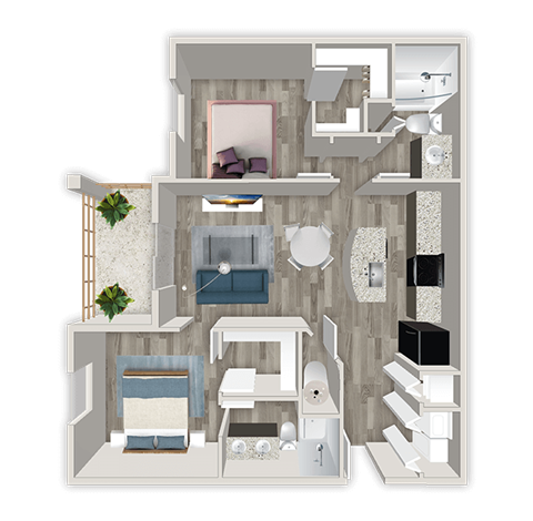 Floor plan for 2 beds, 2 baths, 1067 sqft