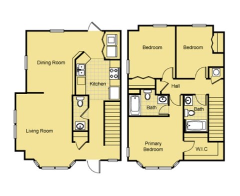 Floor plan for 3 beds, 2.5 baths, 1323 sqft