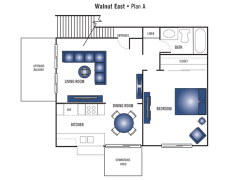 Floor plan for 1 bed, 1 bath, 750 sqft
