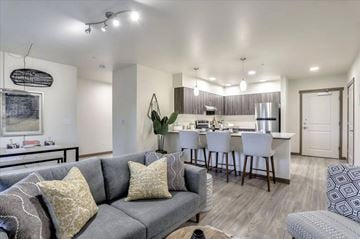 Bremerton apartment for rent - A grey couch with yellow pillows sits in a modern living room.