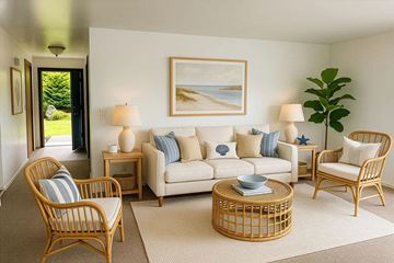 Poulsbo apartment for rent - A living room with a white couch, two chairs, and a table with a blue bowl on it.