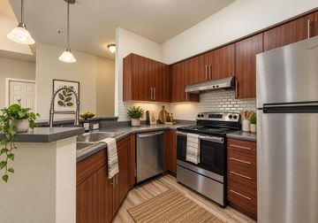 Seatac apartment for rent - A modern kitchen with wooden cabinets and stainless steel appliances.