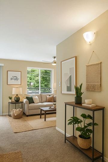 Seattle apartment for rent - A living room with a grey couch, a table with a plant on it, and a framed picture on the wall.
