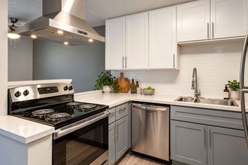 Seattle apartment for rent - A modern kitchen with a stainless steel dishwasher and oven.