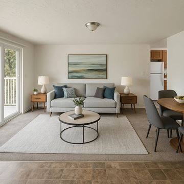 Poulsbo apartment for rent - A living room with a grey couch, a coffee table, and a painting on the wall.